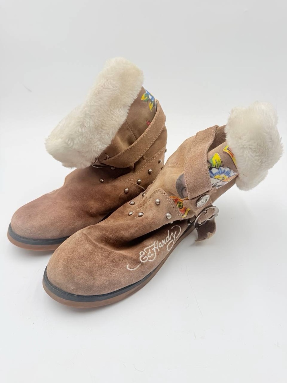 Ed Hardy Brown Suede Shearling Cuff Ankle Boots with Embroidered Logo
